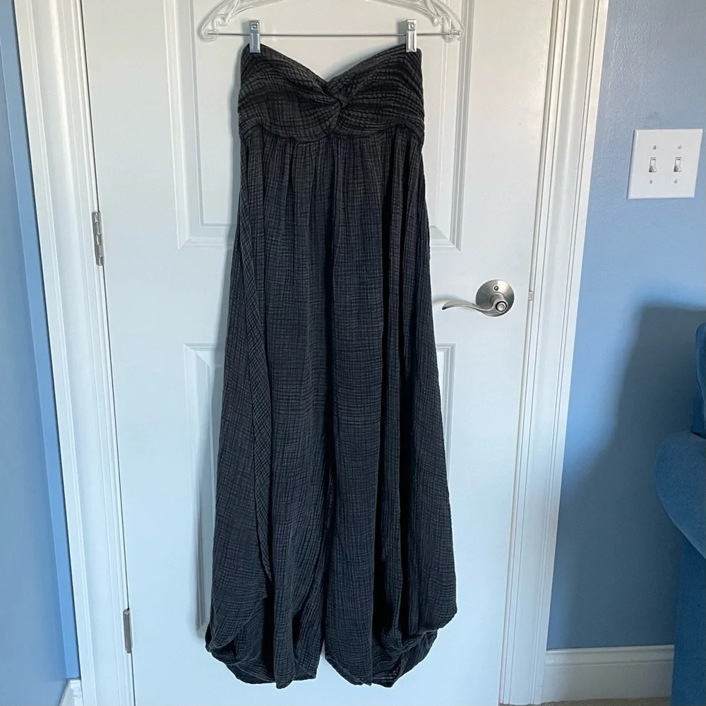 Anthropologie Black Waffle Knit Linen Beach Strapless Harem Jumpsuit - 35353 - Picture 4 of 16